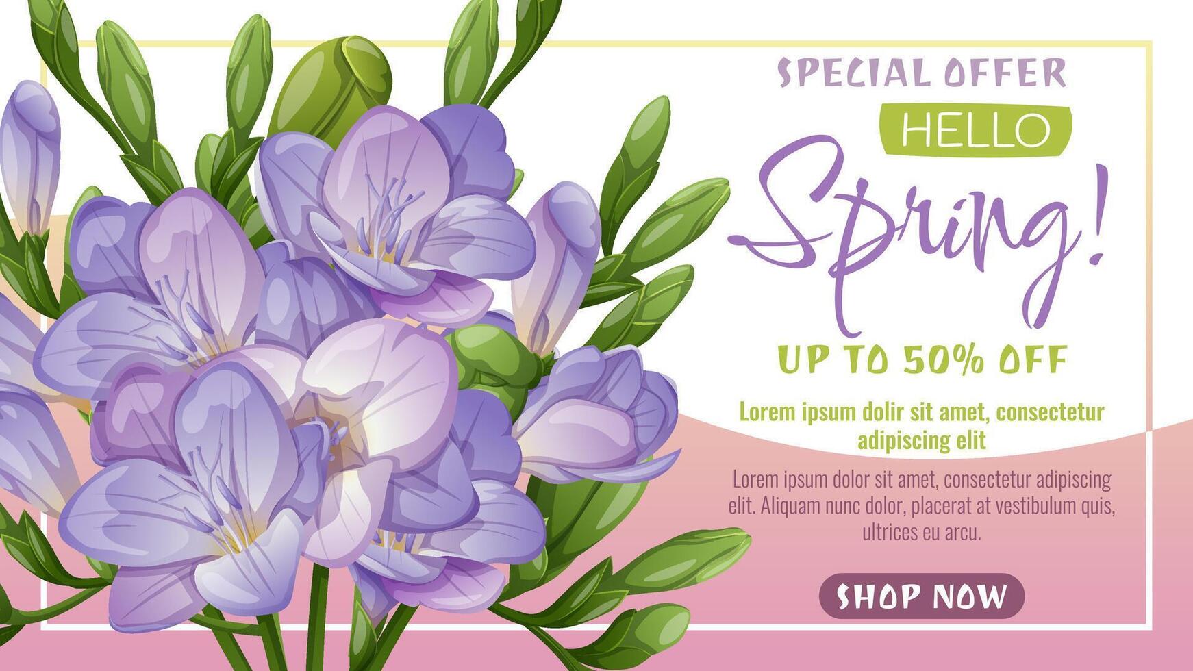 Purple Freesia Spring Sale Banner. Elegant Floral Discount Design for Promotions, Flyers, Social Media, Ads and Marketing. Spring Illustration. vector