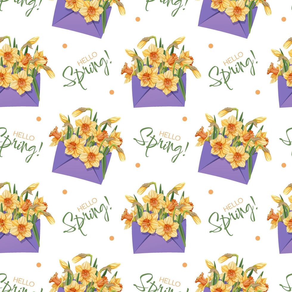 Seamless Pattern with Envelopes Filled with Yellow Daffodils. Elegant Floral Texture with Spring Flowers. Delicate Background for Fabric, Wallpaper, Wrapping Paper. vector