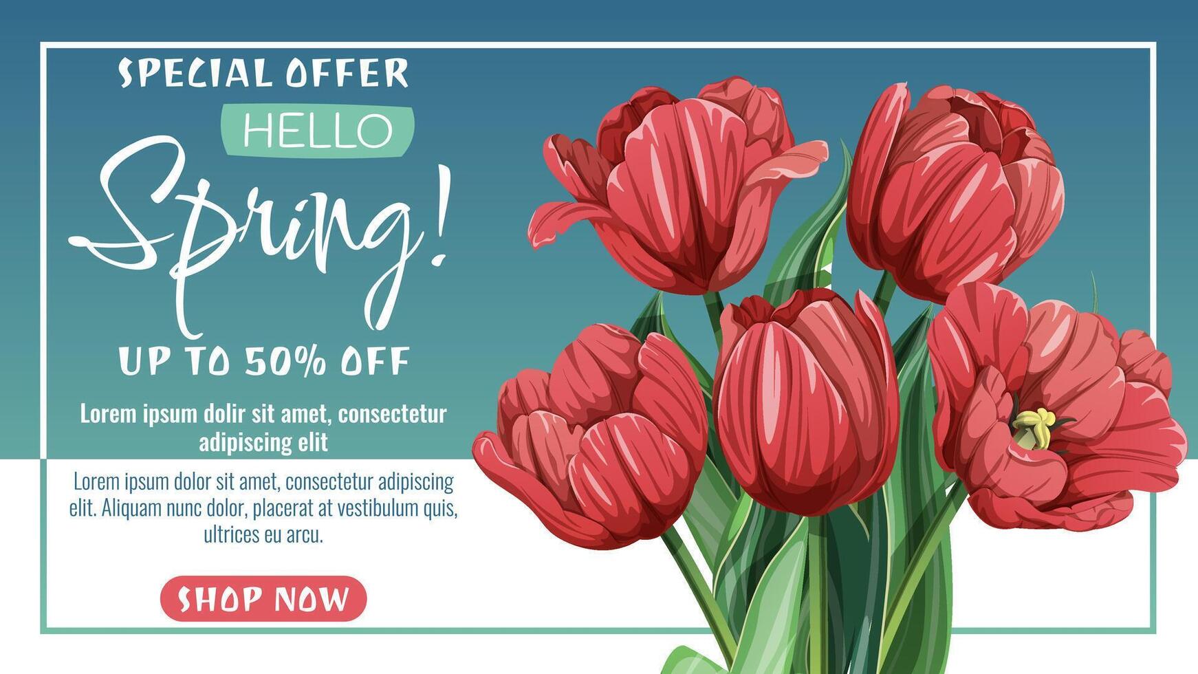 Red Tulips Spring Sale Banner. Elegant Floral Discount Design for Promotions, Flyers, Social Media, Ads and Email Marketing. Illustration for Digital and Print. vector