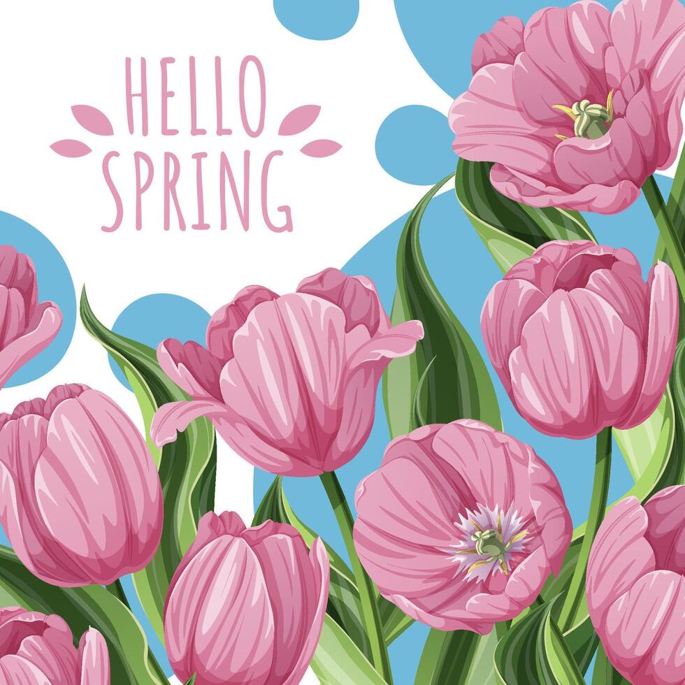 Square Spring Card with Fresh Pink Tulips. Floral Seasonal Design for Easter, Mothers Day and Spring Celebrations. Perfect for Banners, Promotions and Advertising. vector