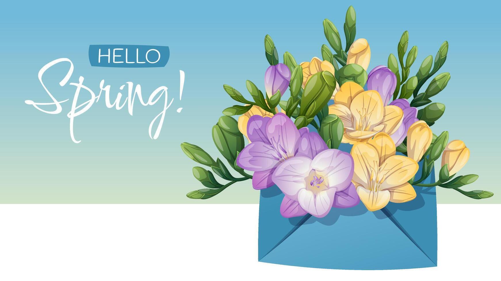 Lavender Freesia in Envelope Spring Banner. Elegant Floral Design for Greeting Cards, Posters, Social Media and Wedding Invitations. DelicateIllustration. vector