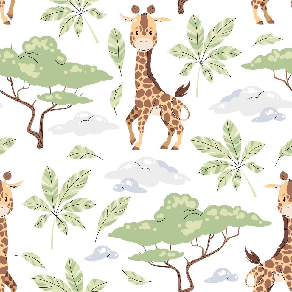 Seamless pattern with cute giraffes in flat style. Repeating background with African animals, palm leaves and acacia. Childish illustration for fabric, wallpaper, wrap vector