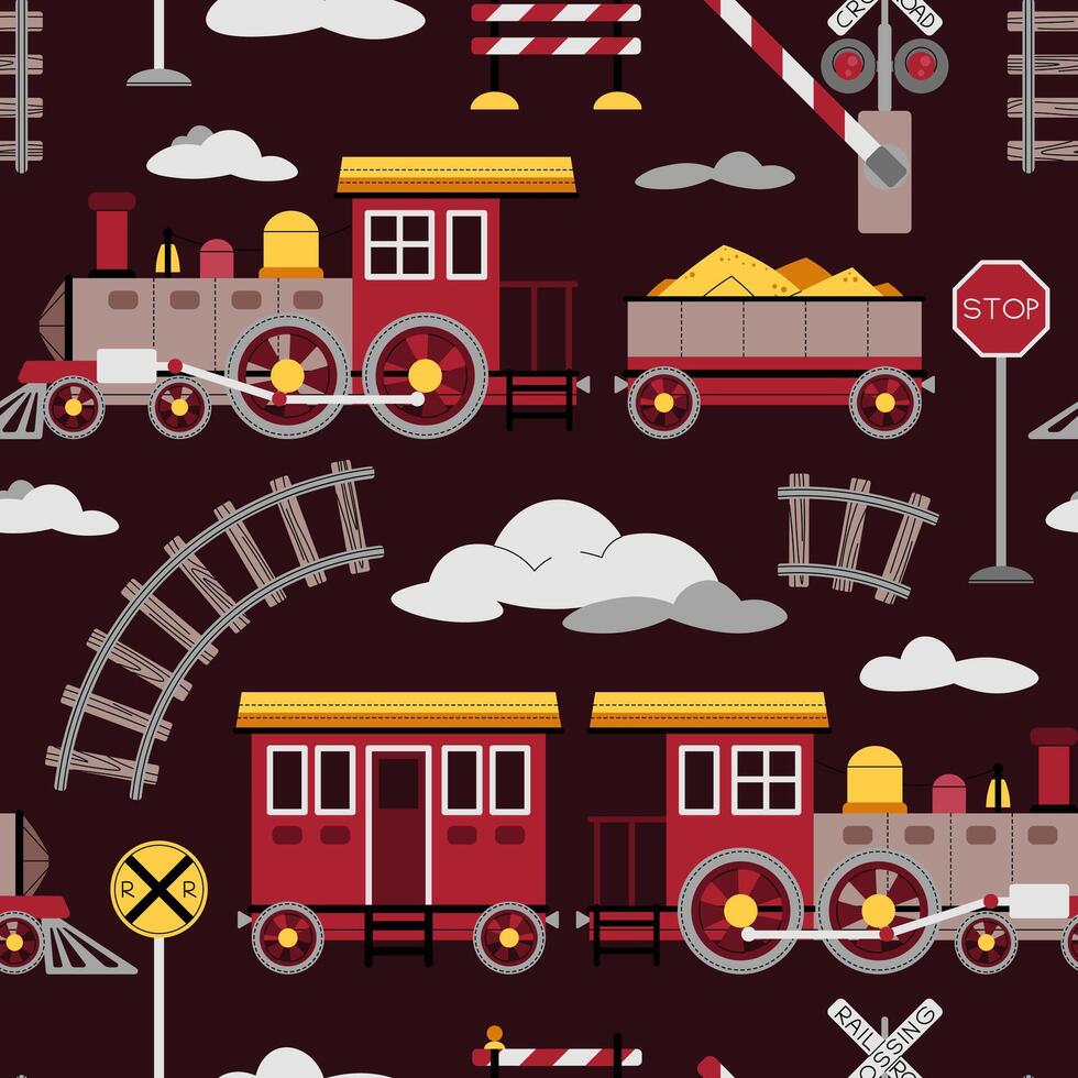 Seamless pattern with steam locomotive, rails and barrier in flat style. Childish background with toy train for fabric, wallpaper, scrapbooking vector
