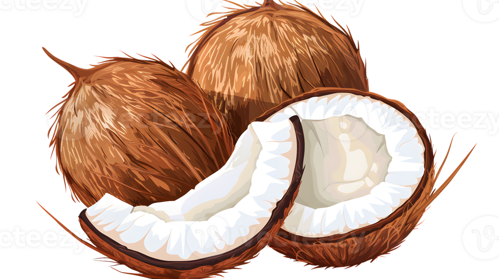 Fresh Coconuts Tropical Fruit Whole and Cracked Summer Snack Healthy Food Illustration png