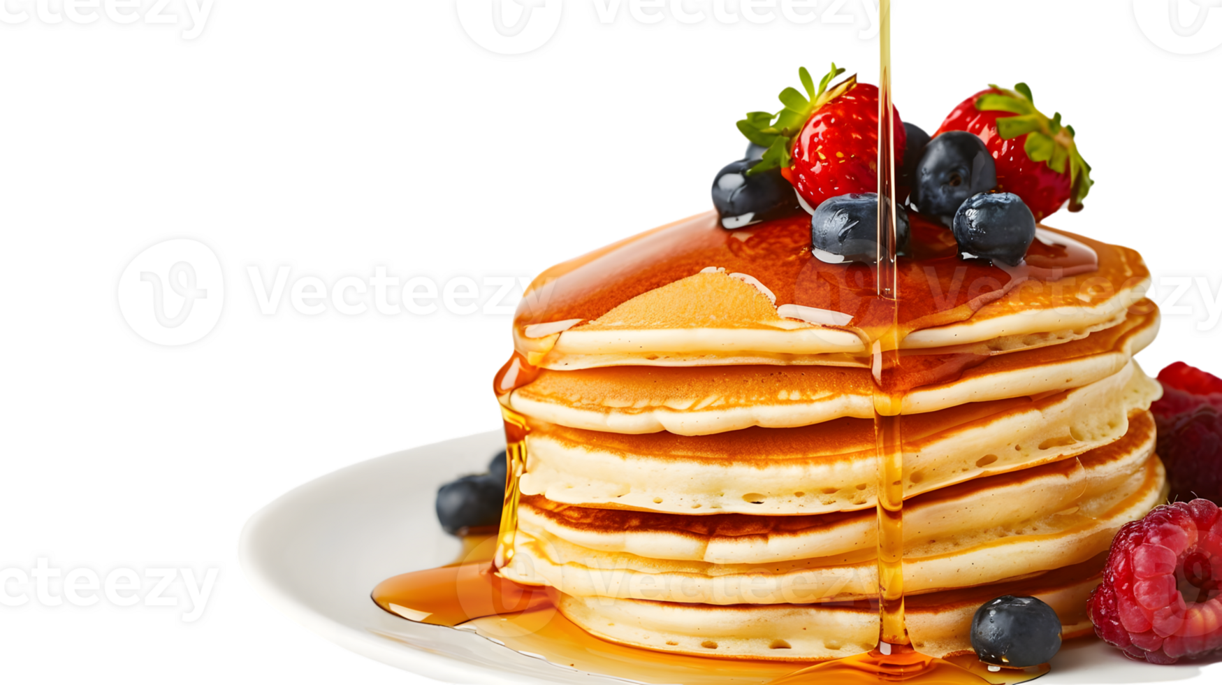 Stacked Pancakes with Fresh Berries and Syrup Drizzle A Mouthwatering Breakfast Delight png