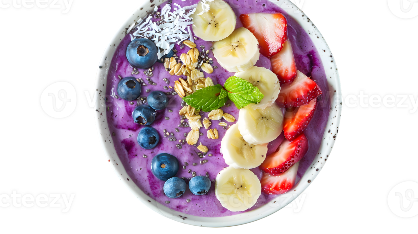 Purple smoothie bowl with berries banana and granola topping png