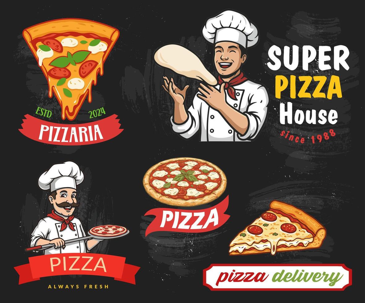 The collection of pizza emblems is useful for pizza restaurants and bistros. It offers designs that match your business identity. vector