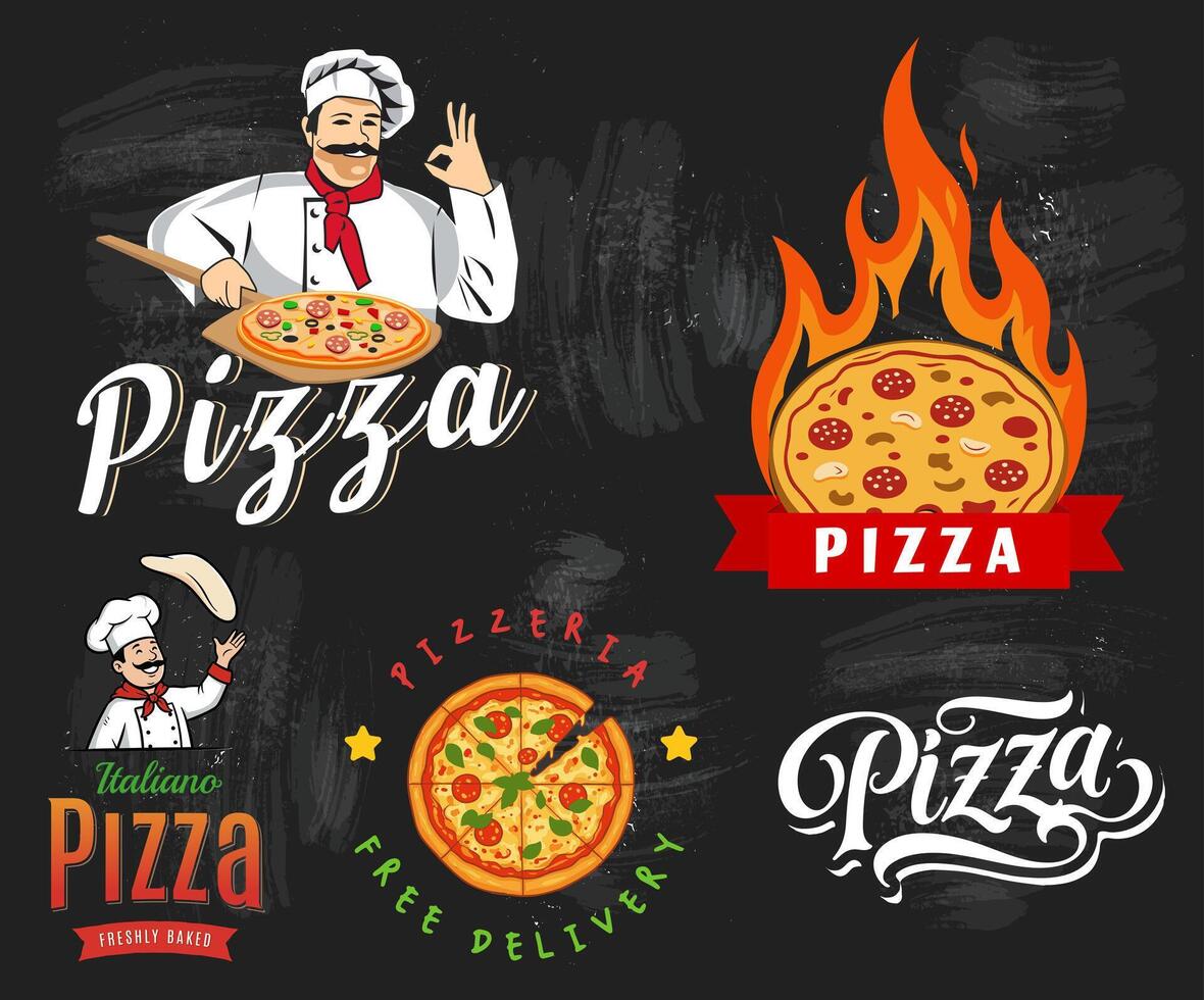 The collection of pizza emblems can be used in businesses such as bistros and catering. The designs create a modern and professional atmosphere. vector