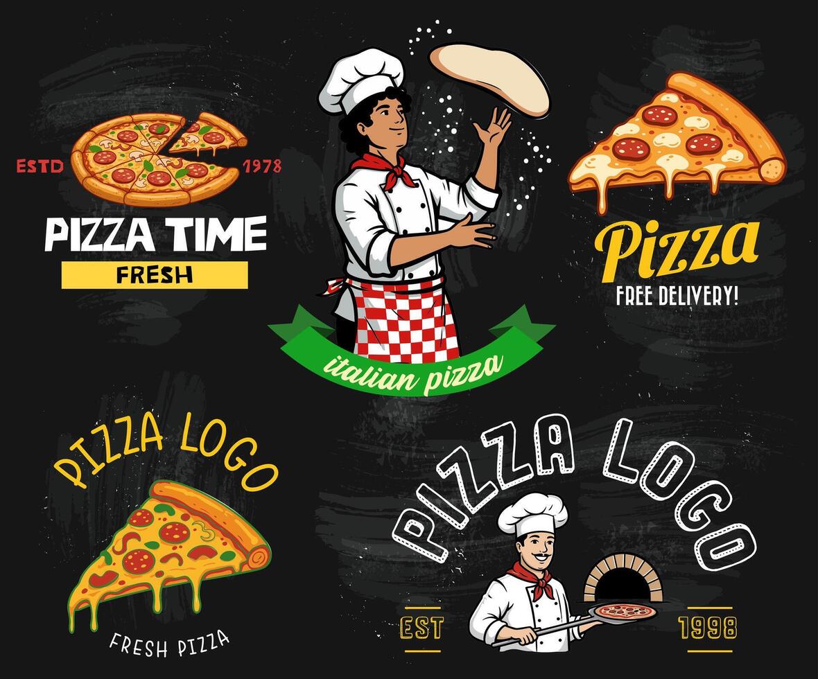 The collection of pizza emblems is a powerful marketing tool for fast food businesses. High-quality graphics strengthen the brand. vector
