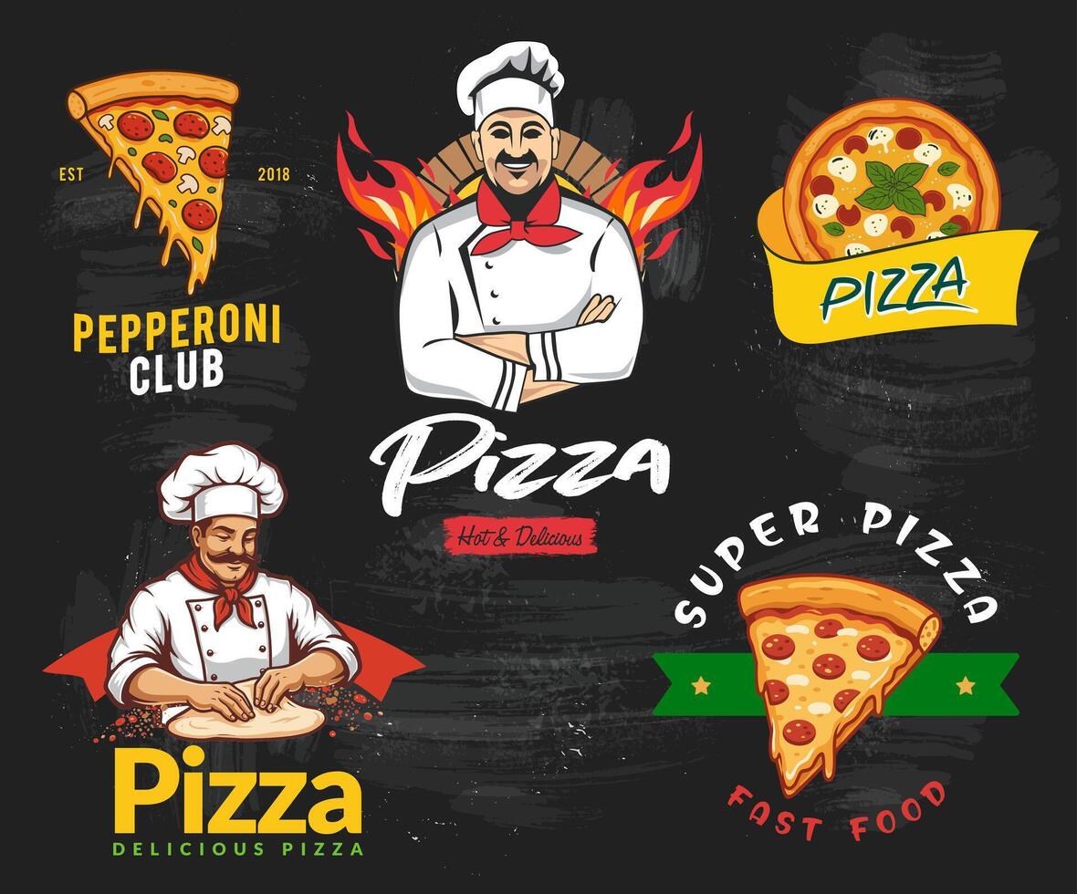 Pizza emblems collection. Suitable for restaurants, fast food, delivery, bistro, catering and businesses related to pizza. vector