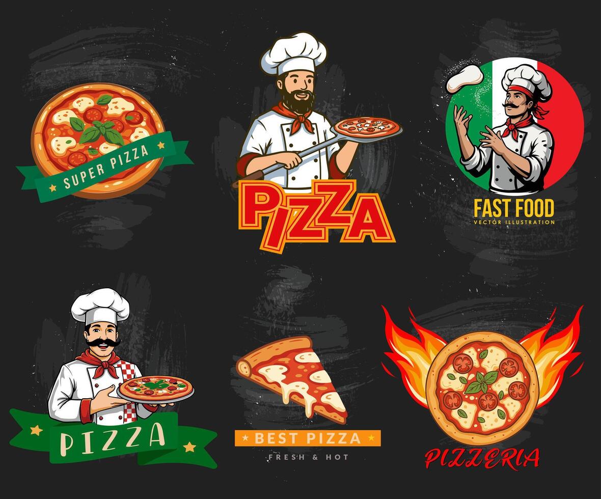 collection of pizza emblems. Suitable for restaurants, fast food, delivery, bistro, catering and businesses related to pizza. Badges, elements and icons. vector