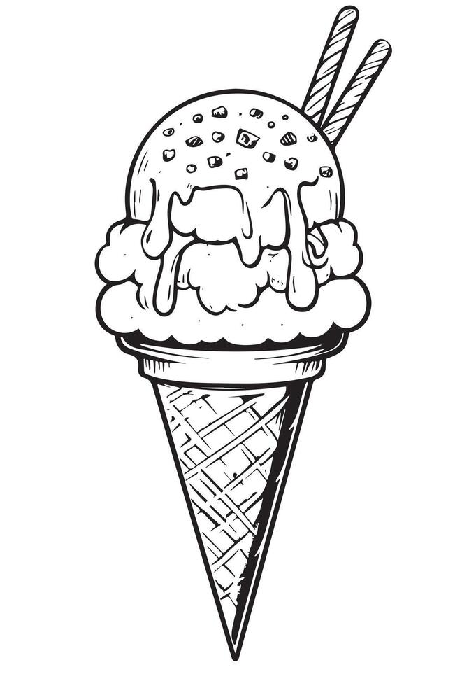Delicious Ice Cream Cone Drawing Black and White, Free Line Art for Coloring vector