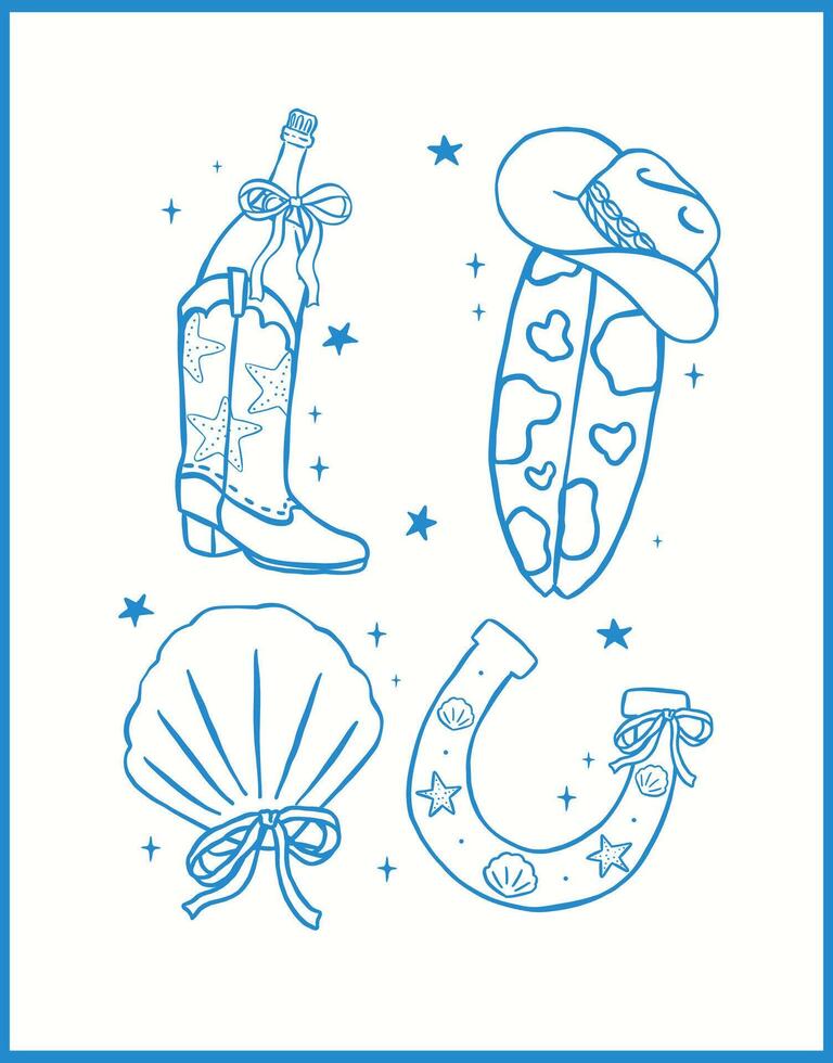 Coastal Cowgirl Western Cowboy Boot, hat, surfboard, Seashell Bachelorette Beach outline playful hand drawn vector