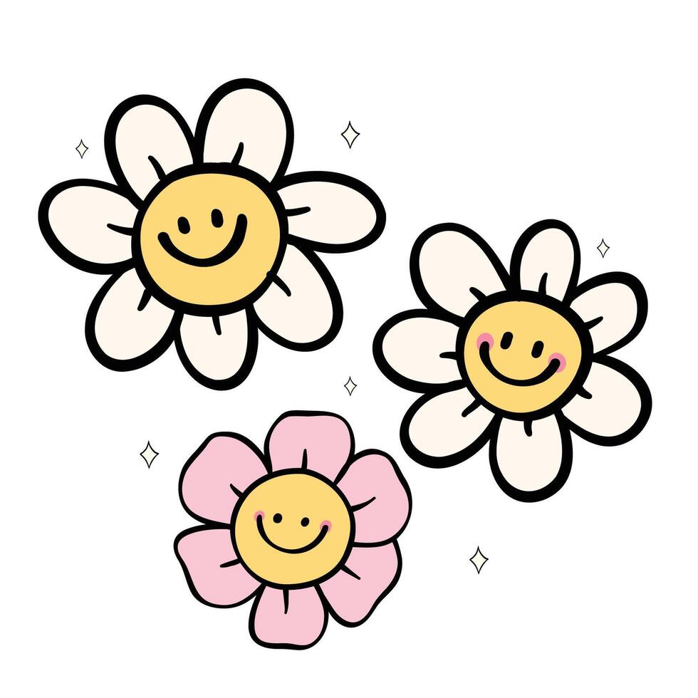 Cute Retro Smiley Face Daisy Flower, Hand Drawn Doodle Set vector
