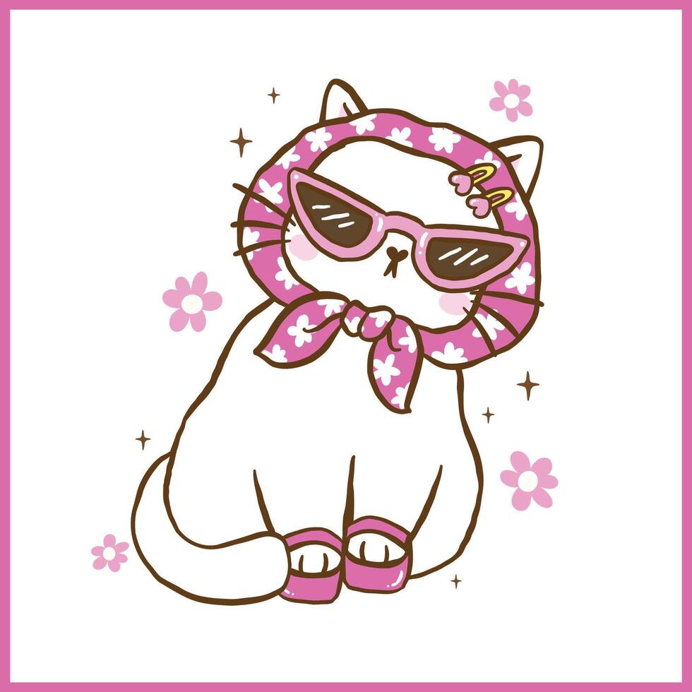Cute Retro Self Love Cat wearing high heels and sassy glasses Cartoon Doodle Hand Drawn vector