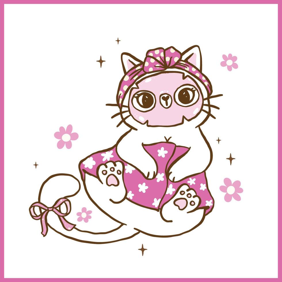 Cute Funny Retro Self Love Cat doing Spa and face mask Cartoon Doodle Hand Drawn vector