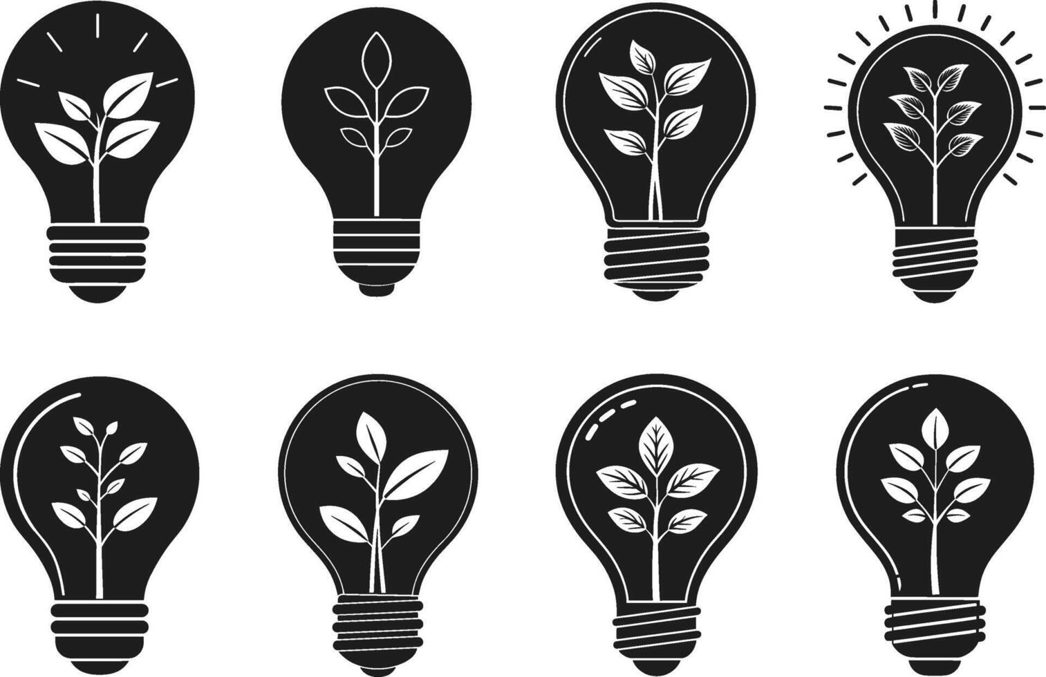Set of Eco Light Bulbs with Growing Plants - Sustainable Energy Silhouette vector