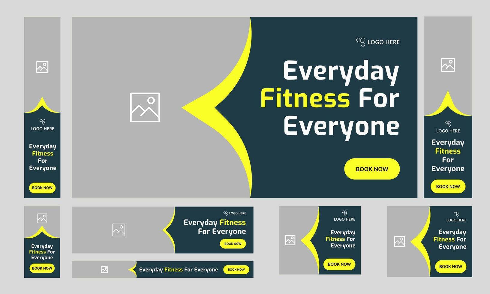 Daily body fitness services web bundle banner design for social media post, daily exercise methods web set banner design, fully customizable eps 10 file format vector