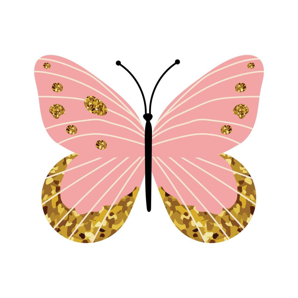 Pink butterfly with gold glitter spots and elegant wing lines. Cute decorative insect in minimal flat style. Stylish feminine spring design element. illustration isolated on white background. vector