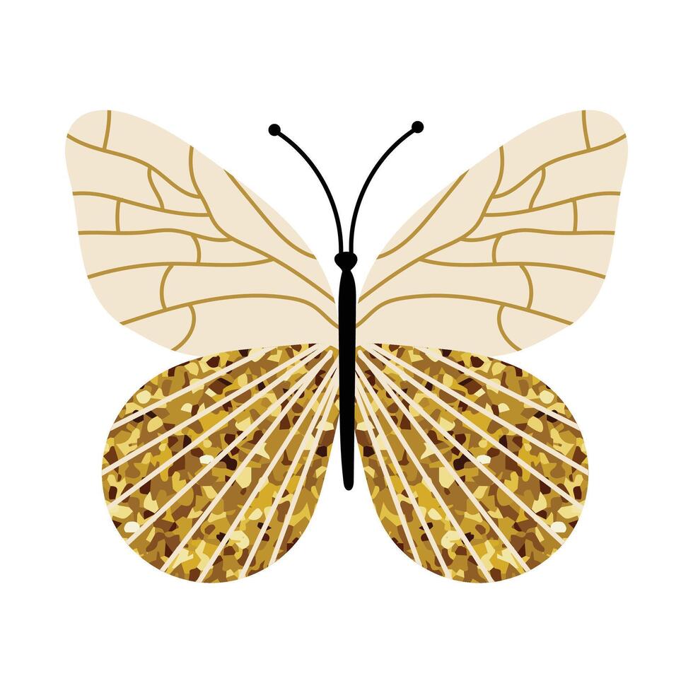 Cream and gold butterfly with glitter texture and geometric wing design. Sophisticated insect in minimal flat style. Elegant golden bug illustration for decorative spring and summer projects. vector
