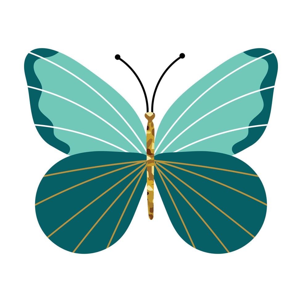 Teal and emerald butterfly with gold accents and striped wings. Decorative insect in trendy flat style. Elegant spring or summer design for kids and adults. illustration on white background. vector