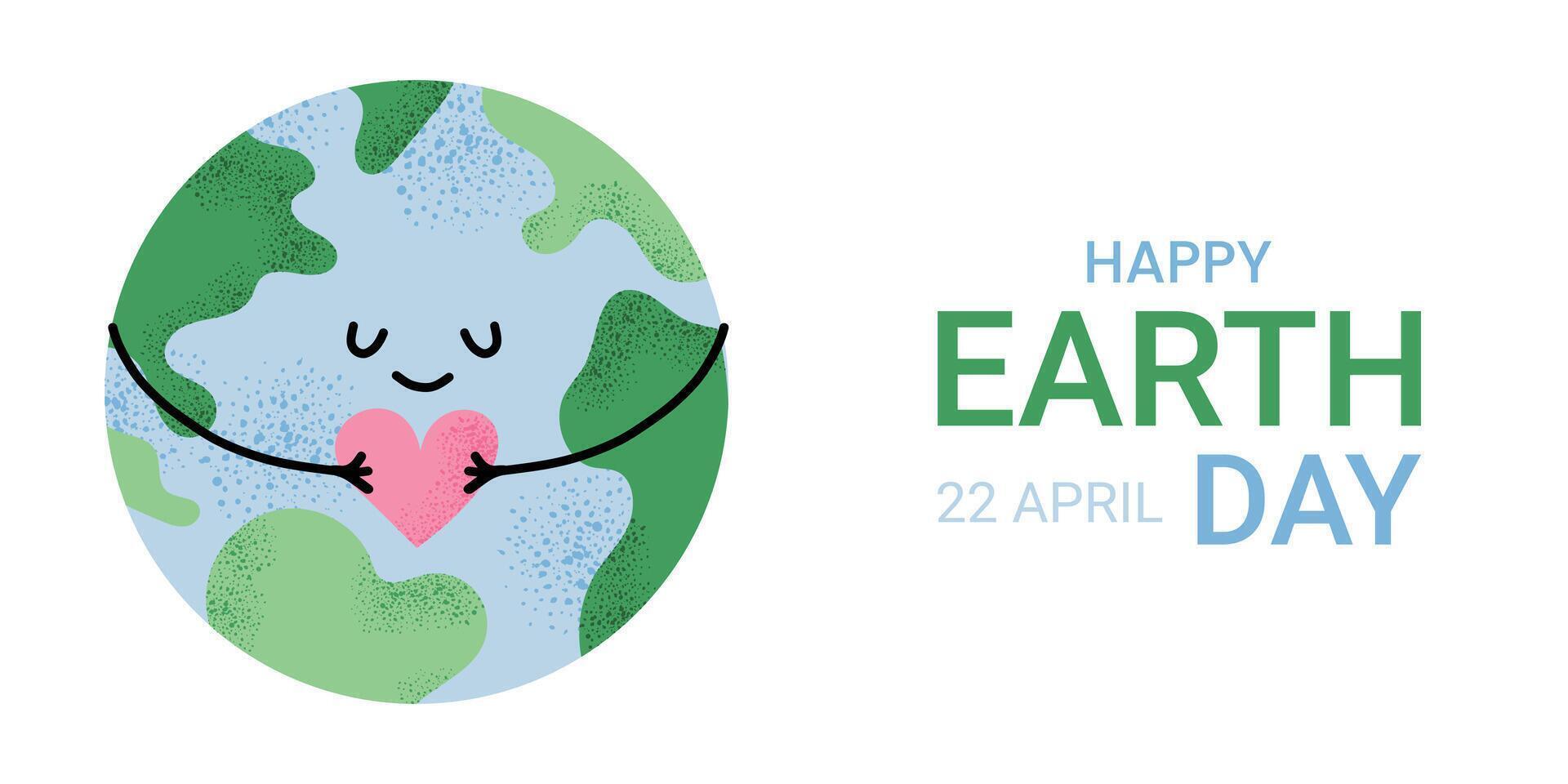 Earth Day banner design with smiling planet hugging heart. Eco friendly holiday greeting Happy Earth Day April 22. Flat illustration in white isolated background. Poster, card. vector