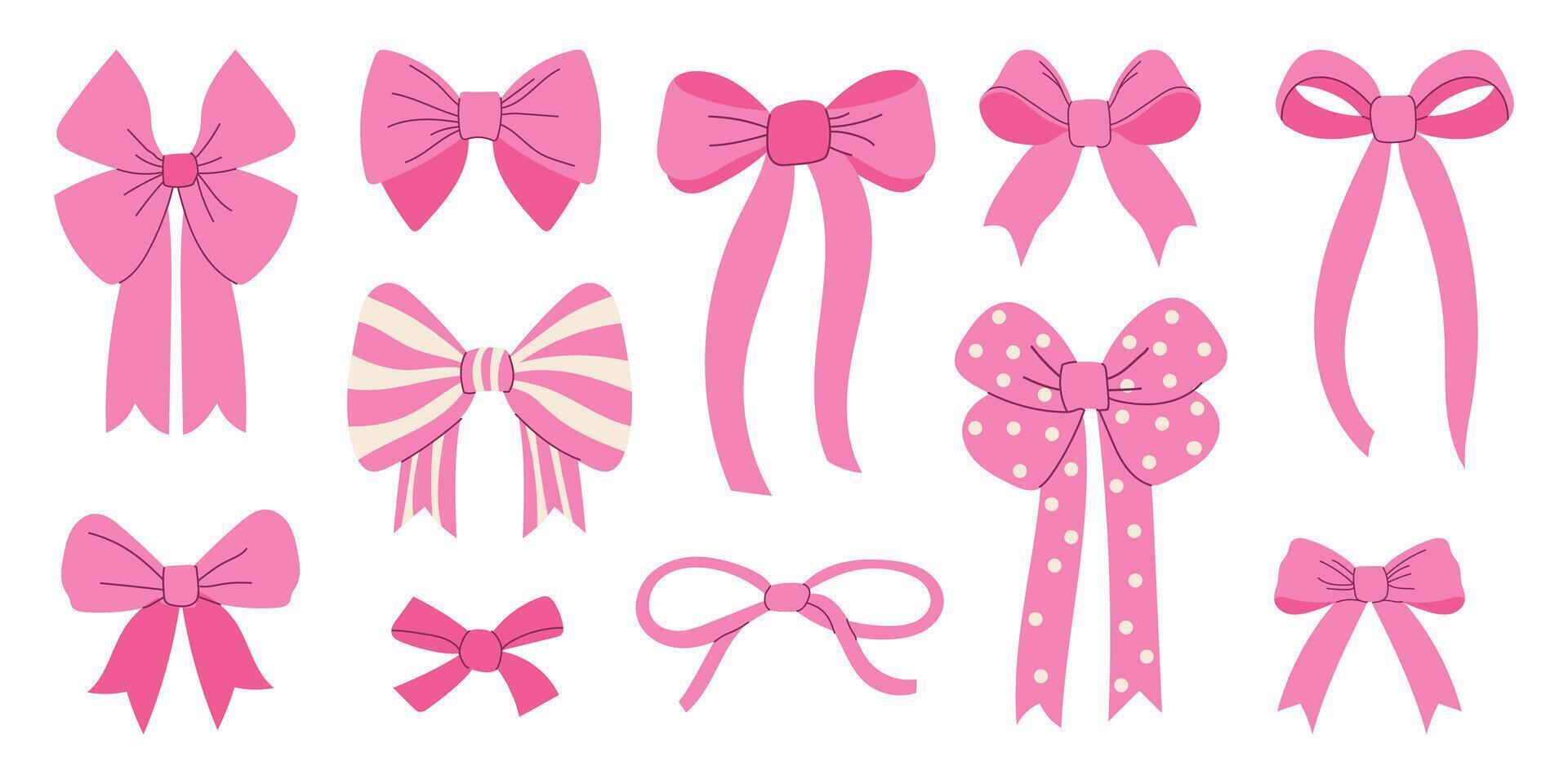 Set of pink bows in different styles. Cute decorative ribbon elements, perfect for gift wrapping, fashion, and festive designs. Flat illustration isolated on white background. vector