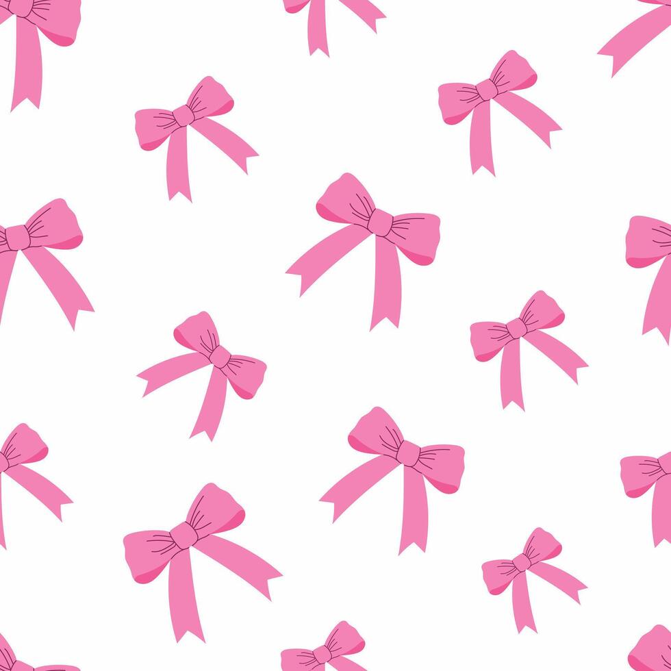 Seamless pattern with long ribbon pink bows. Feminine and elegant textile, wrapping paper, or decorative design. Flat illustration isolated on white background. vector