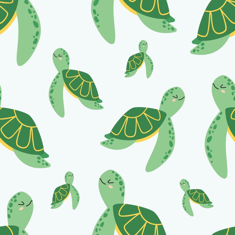 Cute sea turtle seamless pattern. Childish summer wallpaper, underwater animal theme for kids room, baby clothes, wrapping or digital paper. Flat illustration isolated on light background. vector