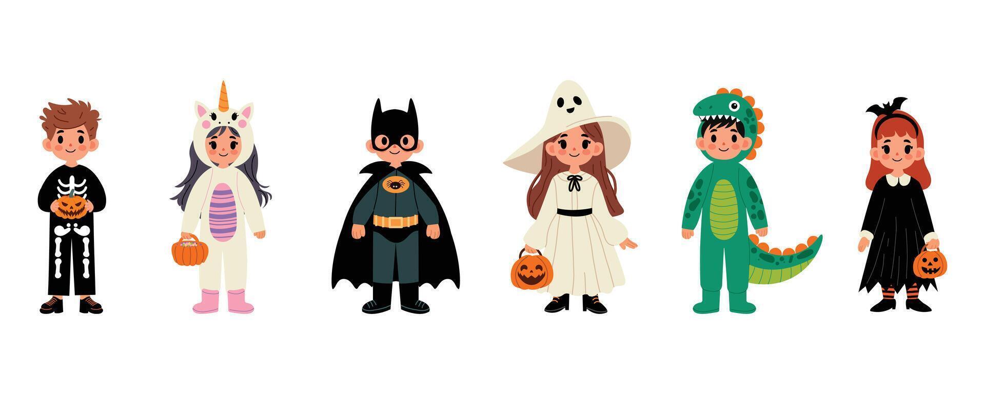 Collection of kids in Halloween costumes with pumpkins. Kids in unicorn, skeleton, witch, ghost, dinosaur costume. Cute set for Halloween party. illustration in the flat hand drawn style. vector