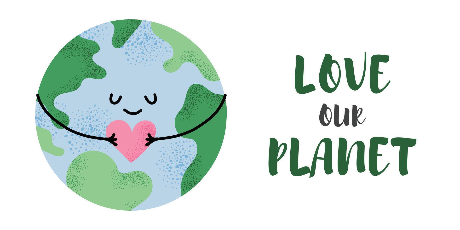 Love Our Planet banner with cute Earth holding heart. Eco message in modern flat style. Environmental awareness design for Earth Day or climate change topics. Minimalist cartoon illustration on white. vector