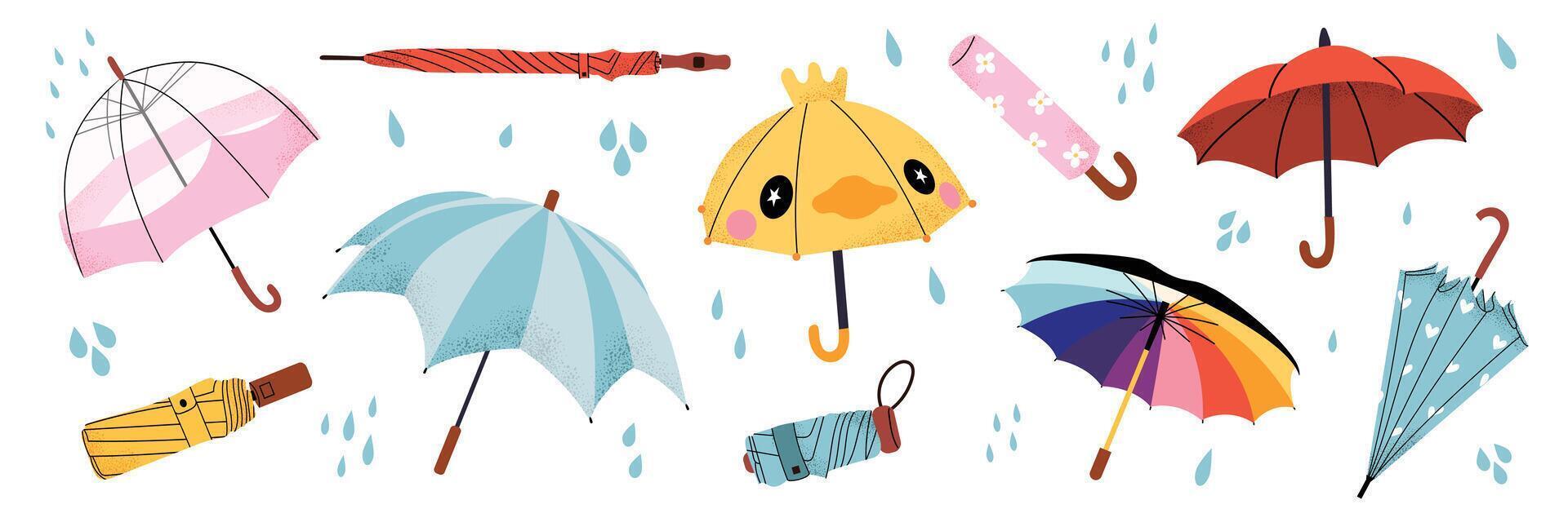 Set of umbrellas with raindrops in various styles, transparent, folded, classic, duck shaped, and rainbow. Cute and stylish rain accessories for autumn and spring. Weather protection. vector