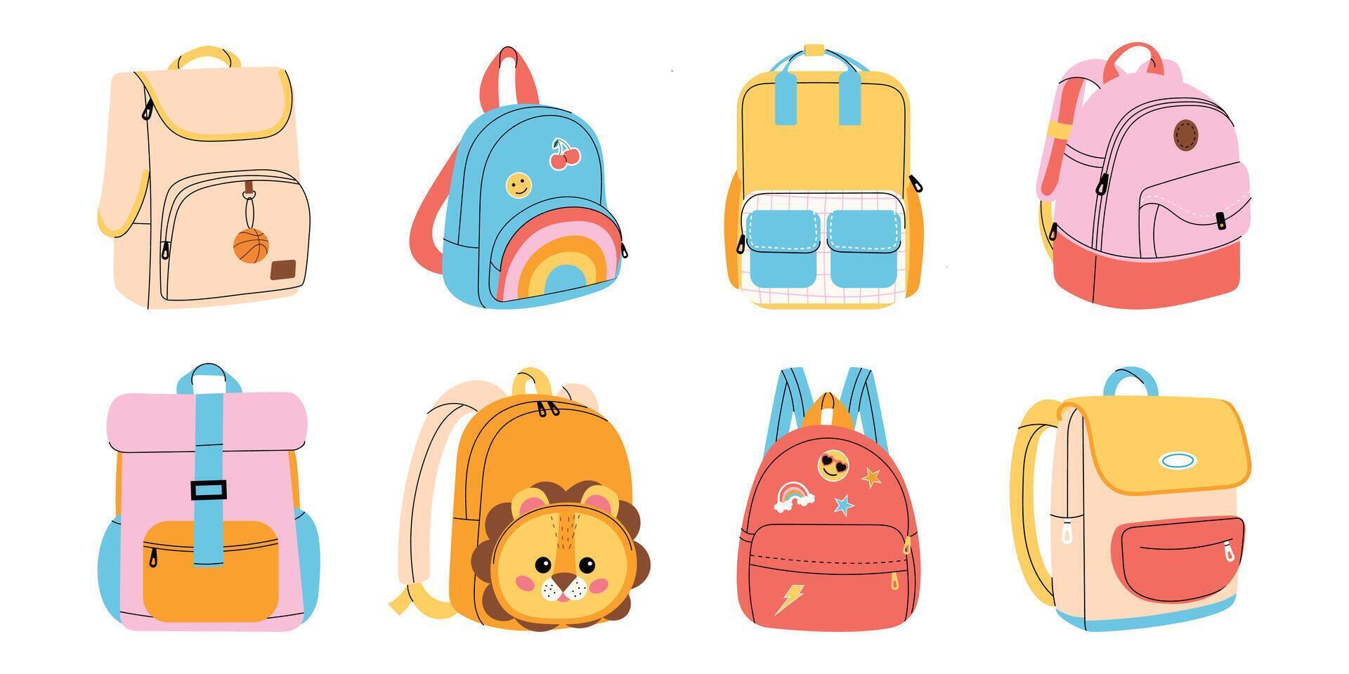 Set of cute school backpacks. Stylish school bag collection with fun details rainbow, lion, smiley. Perfect for back-to-school, education, kids accessories. Flat illustration isolated on white vector