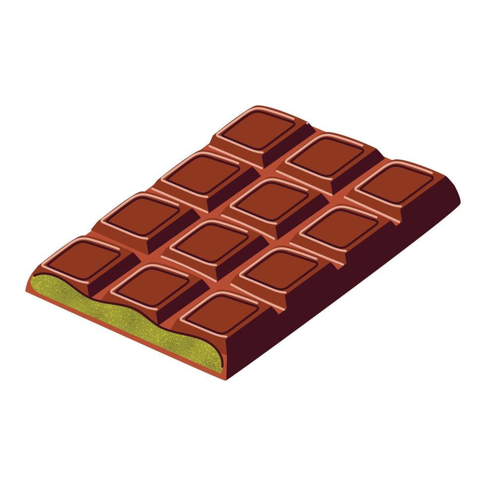 Dubai chocolate bar with pistachio filling, luxury gourmet dessert, premium cocoa treat, handmade chocolate. Flat illustration isolated on white background. vector