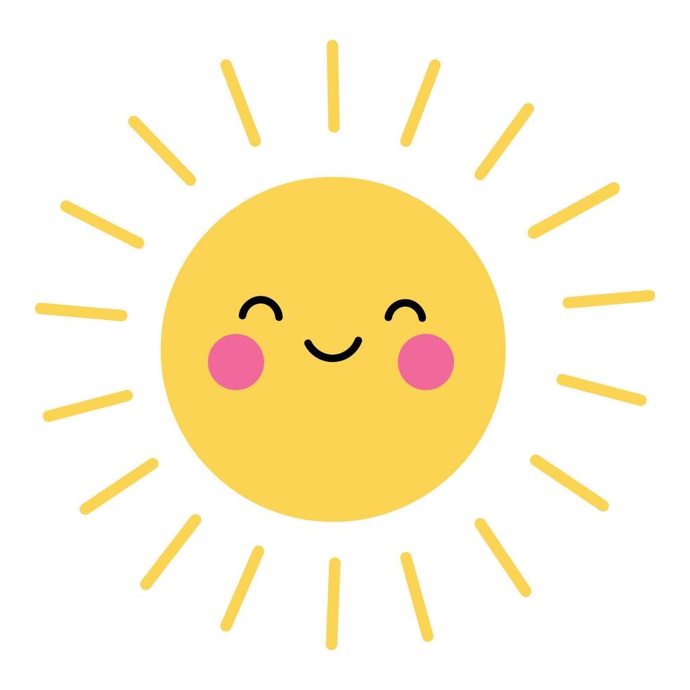 Smiling sun illustration. Bright yellow sun with pink cheeks and happy face. Cheerful cartoon design for kids, weather clipart or summer theme. Flat illustration isolated on white background. vector