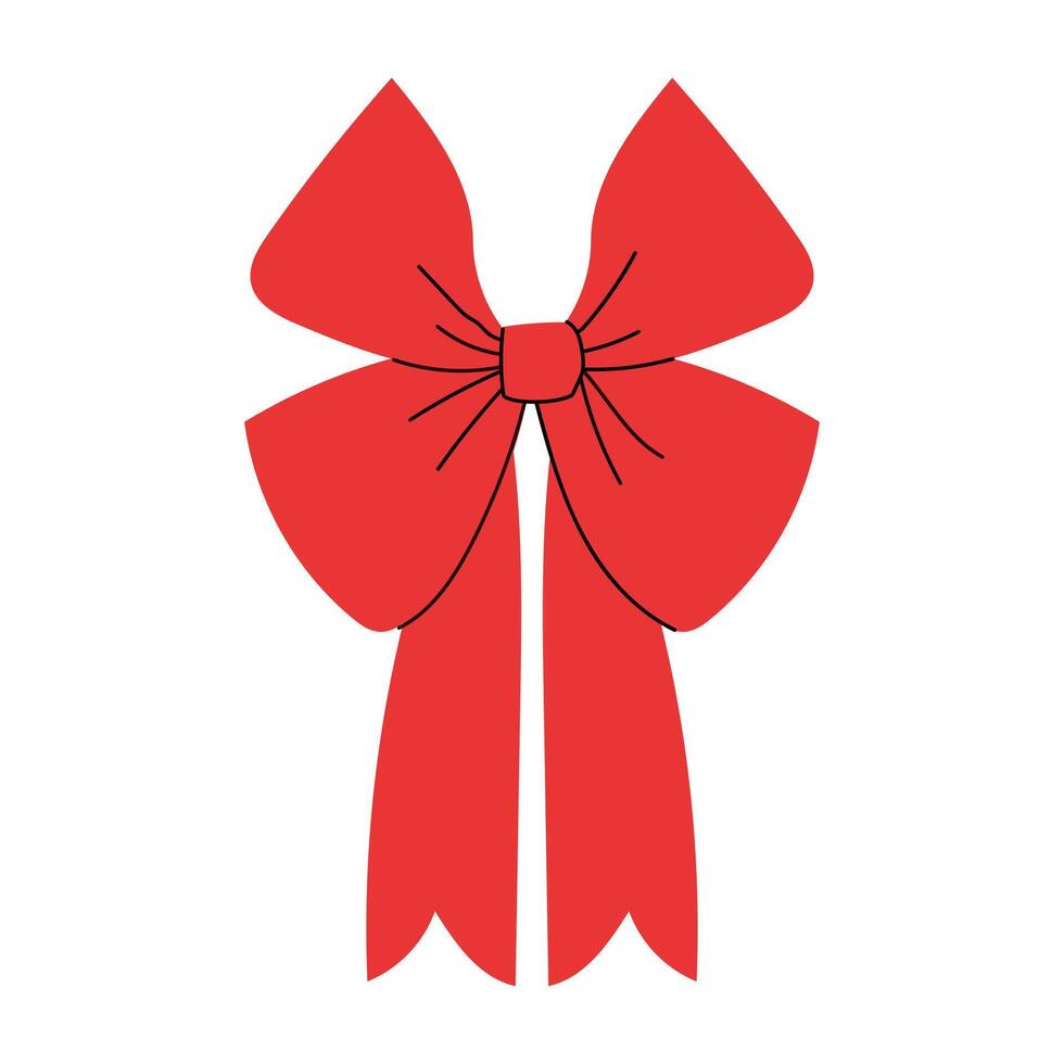 Red festive bow with long tails. Elegant ribbon decoration for Christmas, New Year, gift wrapping, and celebration themes. Classic decorative element in flat style. vector