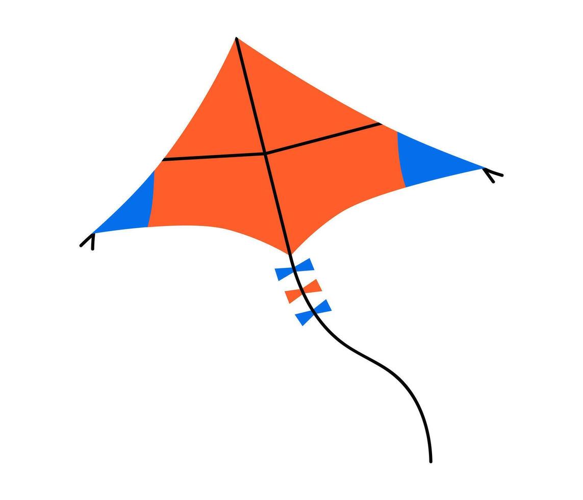 Hand drawn cute cartoon illustration of flying kite. Flat kids outdoor toy doodle. Summer childhood game. Dream and hope icon. Vacation or leisure sticker. Way forward. Isolated. vector