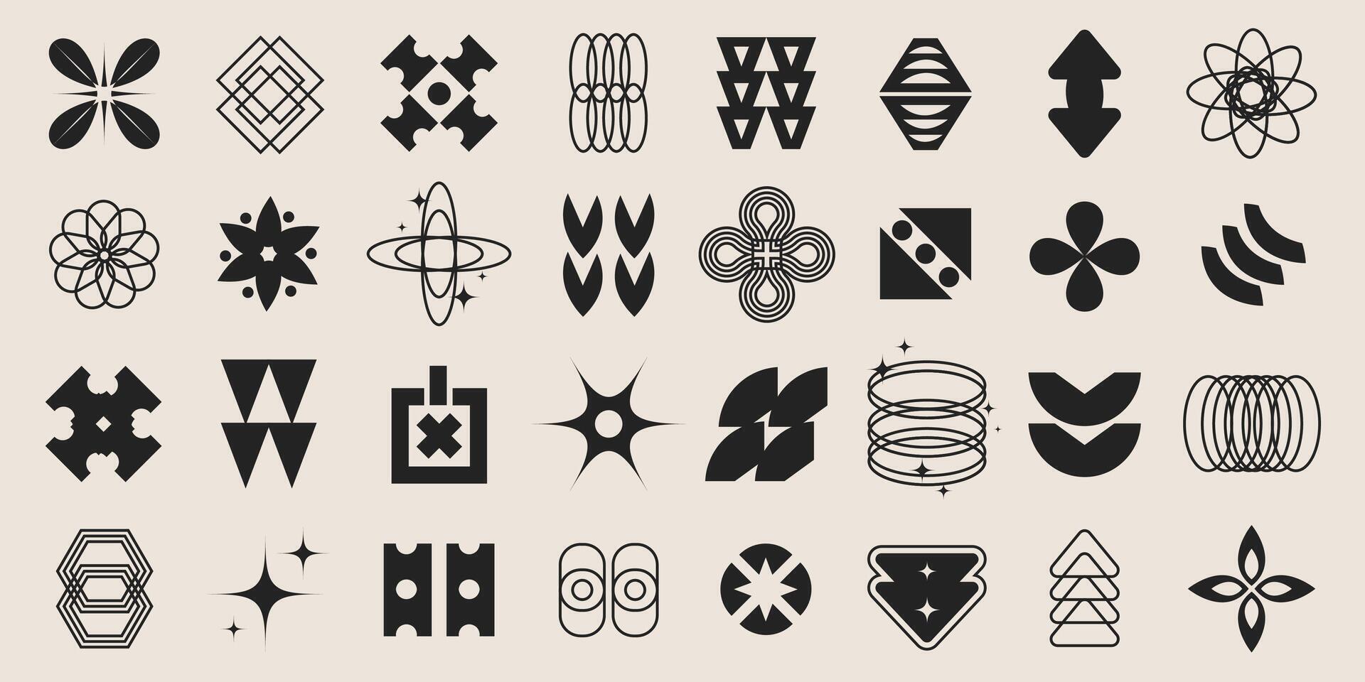 Brutalist black and white geometric shapes set. Abstract contemporary shapes, y2k retro design elements collection. Funky geometric minimal figures and shapes for banner, poster, sticker, websites vector