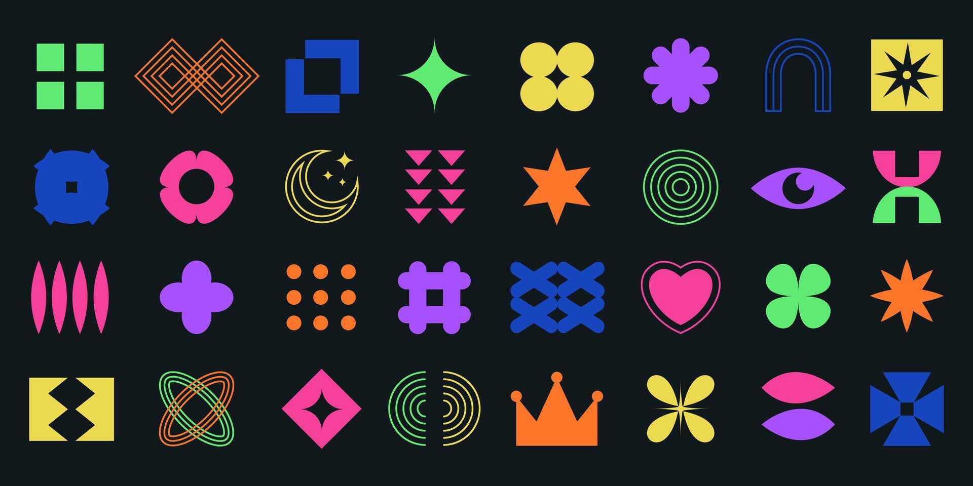 Groovy abstract geometric shapes set. Brutalist contemporary shapes, y2k retro design elements collection. Funky geometric minimal figures and shapes for banner, poster, sticker, websites vector