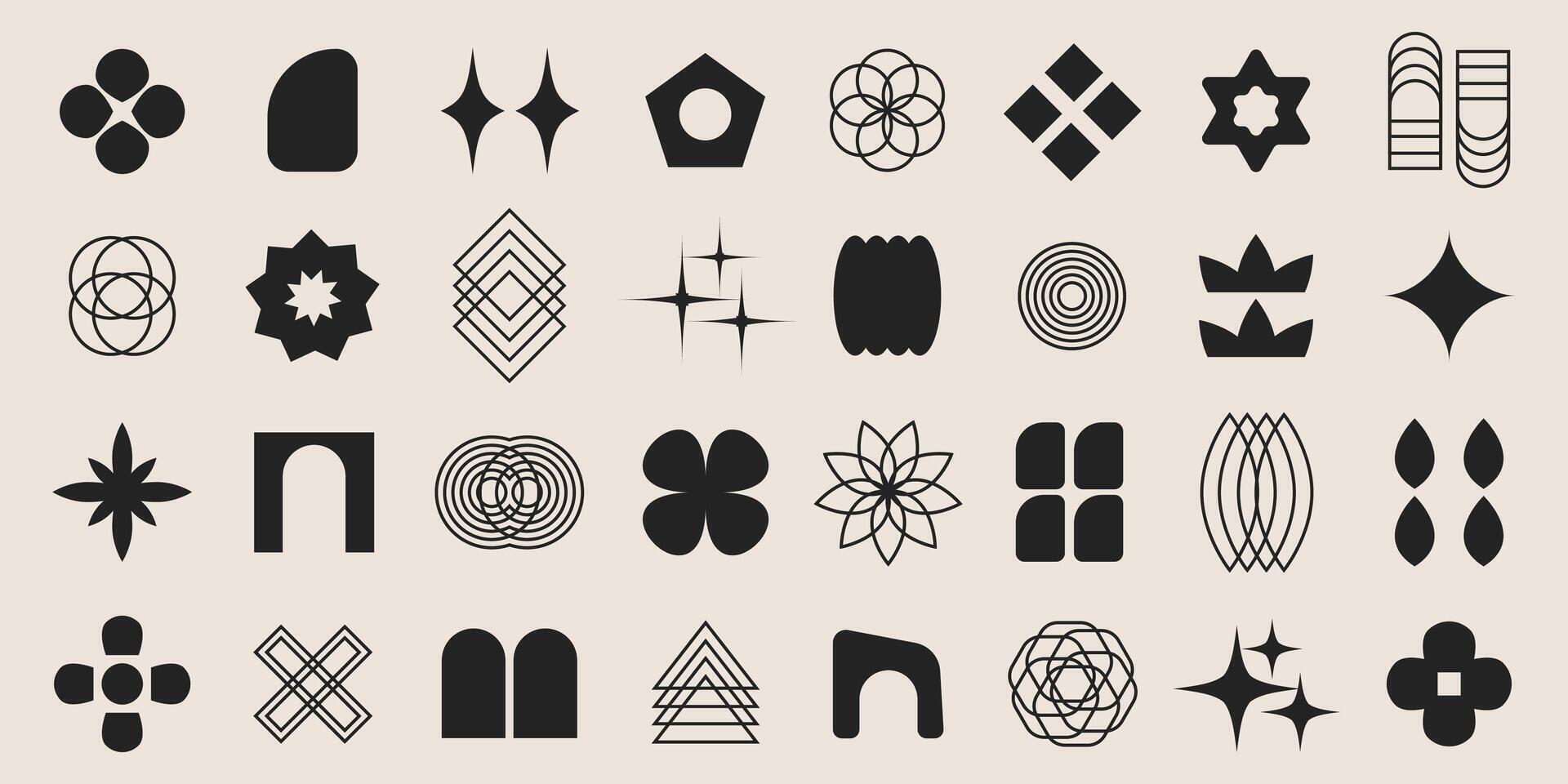 Retro abstract black and white geometric shapes set. Brutalist contemporary shapes, y2k retro design elements collection. Funky geometric minimal figures and shapes for banner, poster, sticker vector