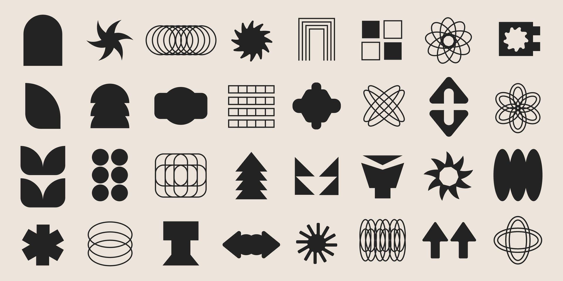 Minimal black and white geometric shapes set. Abstract contemporary shapes, y2k retro design elements collection. Funky geometric minimal figures and shapes for banner, poster, sticker, websites vector
