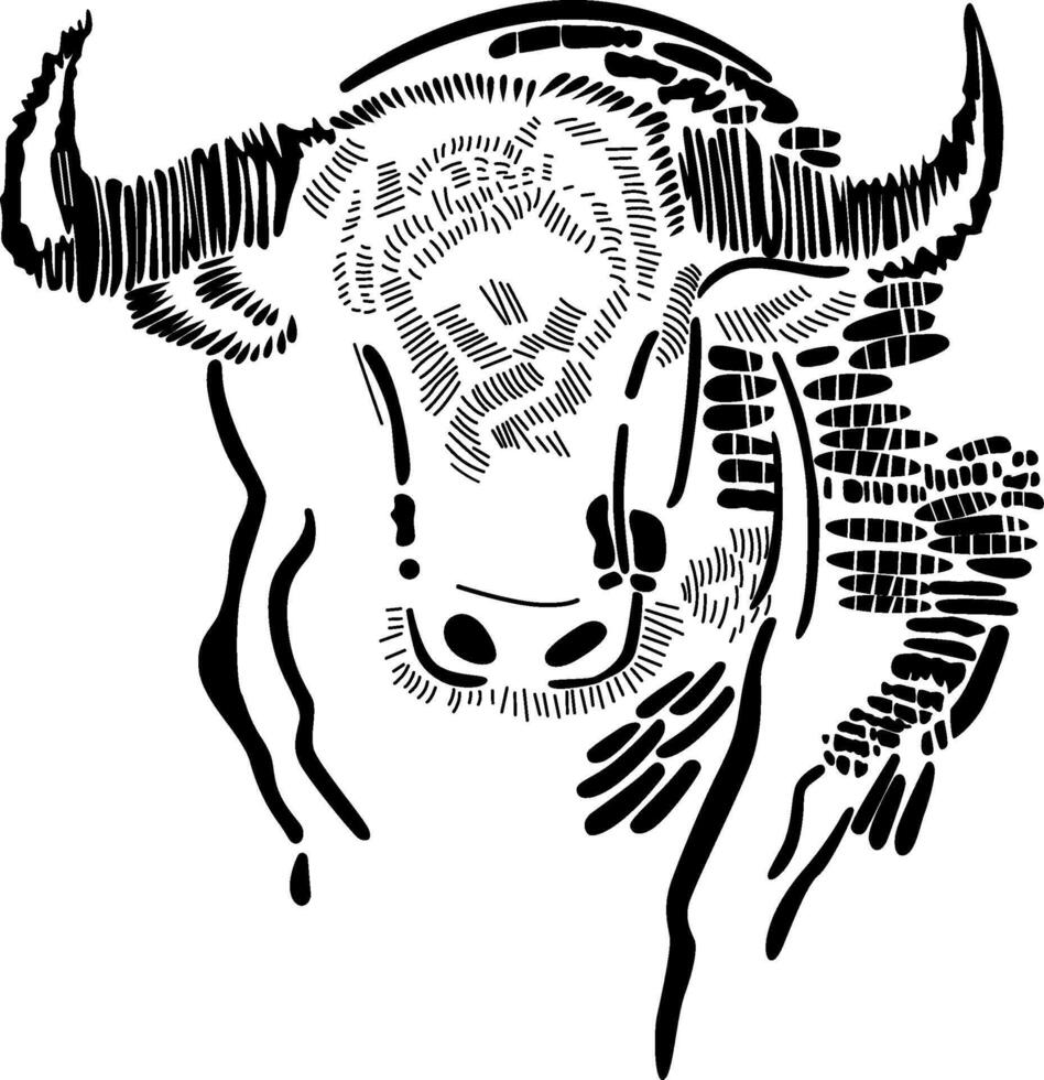 A black and white drawing of a bull head vector