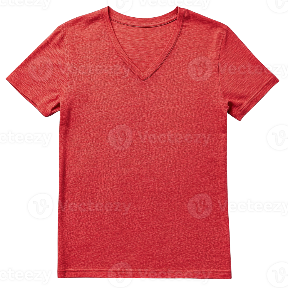 Detailed Mockup of a Classic Red V-Neck T-Shirt Isolated on Transparent Background png