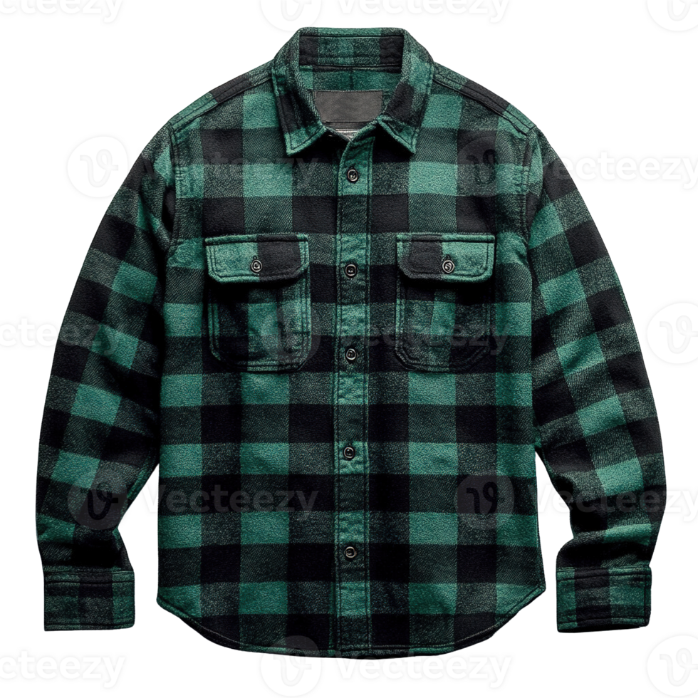 Green and Black Plaid Flannel Shirt Isolated on Transparent Background png