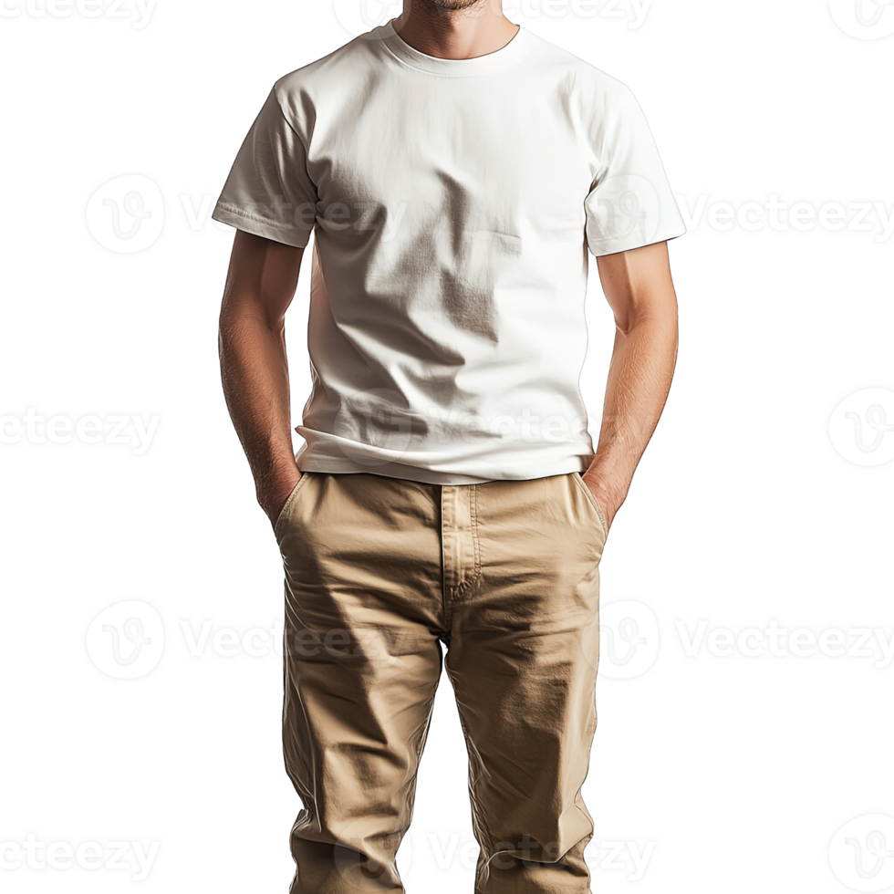 Relaxed and Stylish Man in a Simple White Tee and Tan Pants png