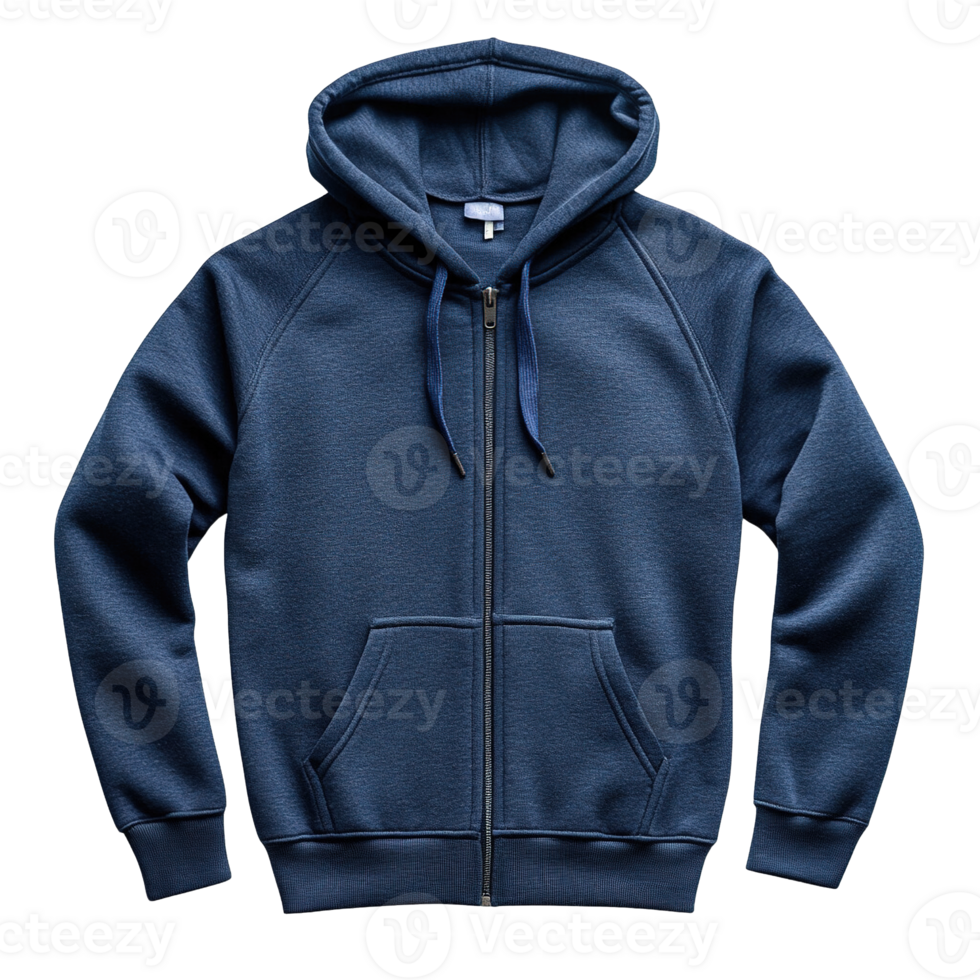 Dark Blue Hoodie with Front Zipper, Drawstring Hood, and Kangaroo Pockets Isolated on Transparent Background png