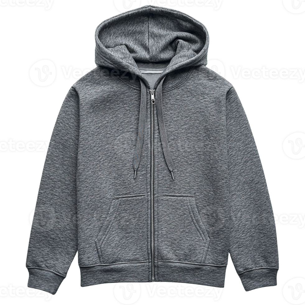 Grey Hooded Jacket with Zipper Closure and Front Pockets Isolated on Transparent Background png