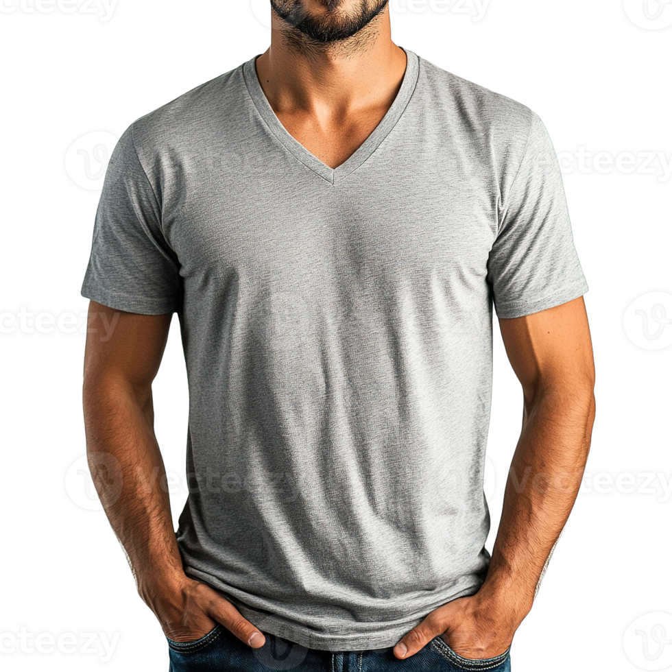 Man Wearing a Grey V-Neck T-Shirt and Jeans Isolated on Transparent Background png