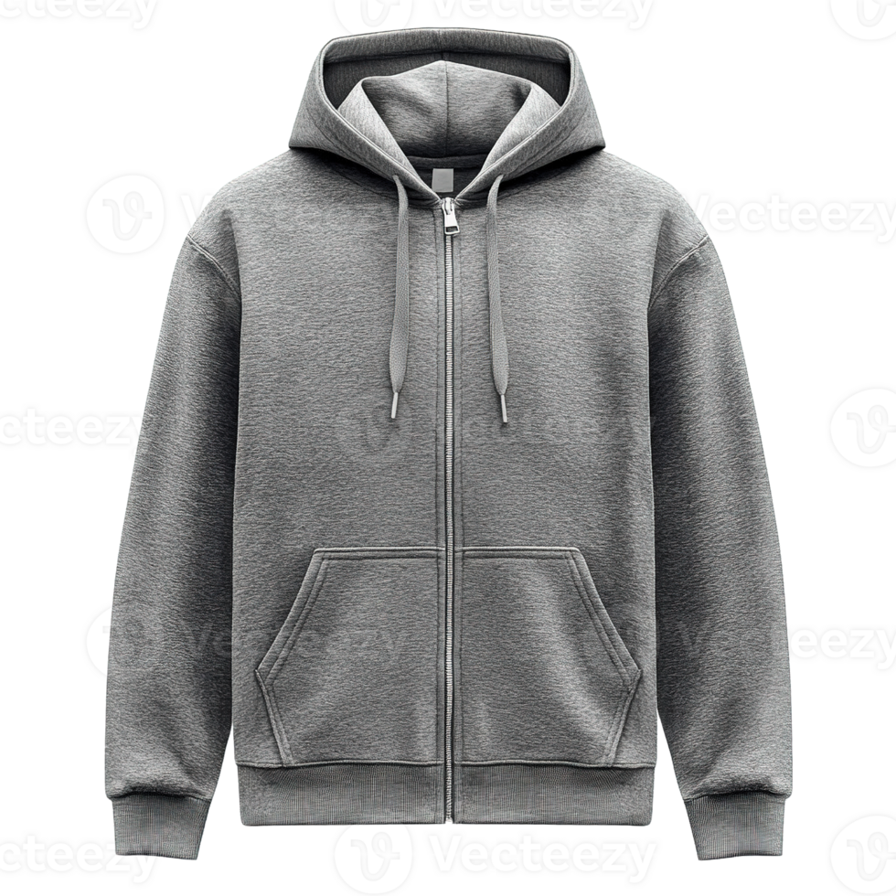 Casual Unisex Grey Hooded Jacket with Full Zipper and Kangaroo Pockets Isolated on Transparent Background png