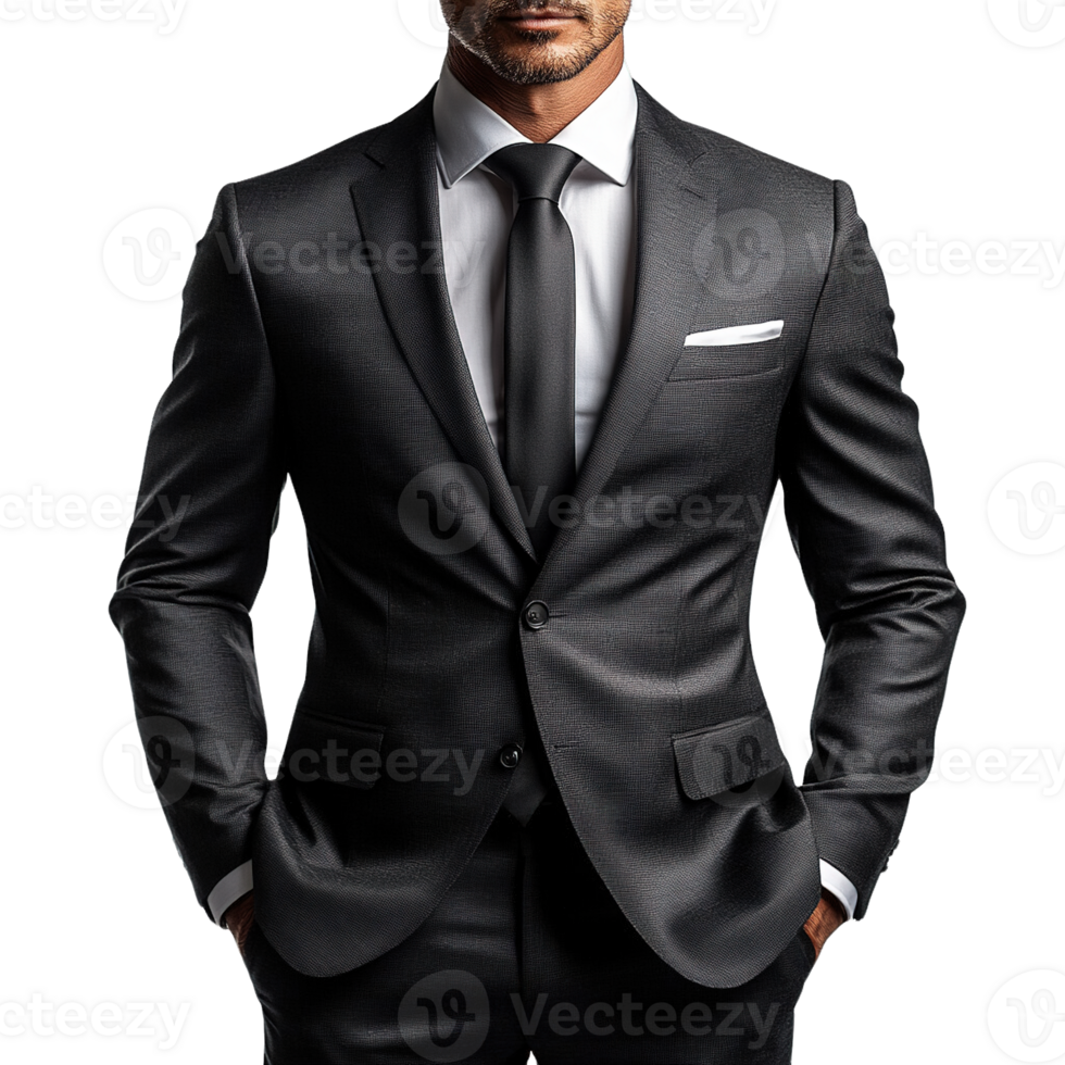 Elegant Gentleman in a Textured Dark Suit with a White Pocket Square and Tie for a Refined Look png